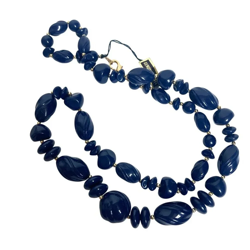 Vintage Blue Lucite Beaded Necklace Gold Tone Accents Textured Chunky Beads NWT